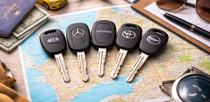 Five car rental keys on a map of Lebanon representing tips for choosing the right car rental company