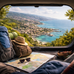 Weekend road trip from Beirut showing a coastal Lebanese town viewed from a car trunk with travel gear and backpacks