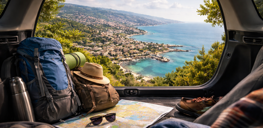 Weekend road trip from Beirut showing a coastal Lebanese town viewed from a car trunk with travel gear and backpacks