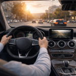 Premium driving experience inside a rental car, highlighting comfort, technology, and smooth city driving with NN Rent a Car.