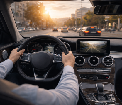 Premium driving experience inside a rental car, highlighting comfort, technology, and smooth city driving with NN Rent a Car.