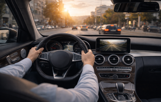 Premium driving experience inside a rental car, highlighting comfort, technology, and smooth city driving with NN Rent a Car.