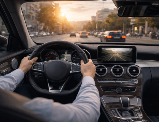 Premium driving experience inside a rental car, highlighting comfort, technology, and smooth city driving with NN Rent a Car.