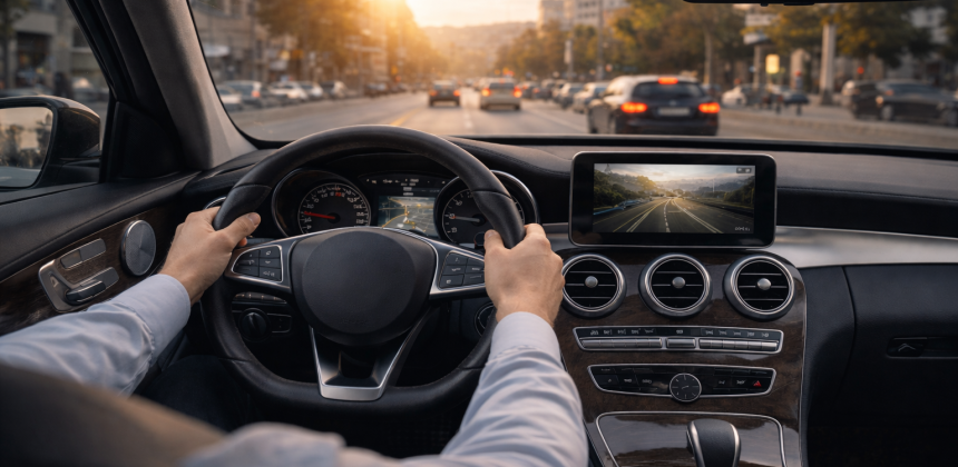 Premium driving experience inside a rental car, highlighting comfort, technology, and smooth city driving with NN Rent a Car.