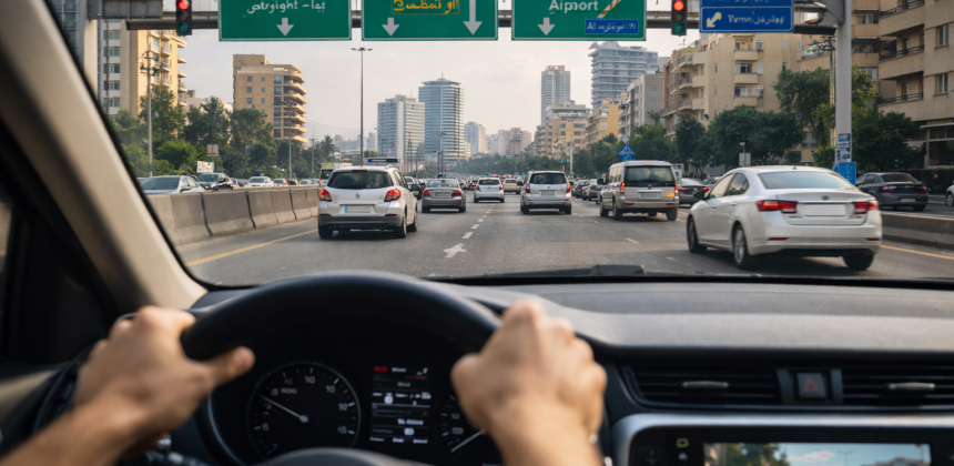 Driver’s perspective on a Lebanese road highlighting real driving conditions in Lebanon for first-time drivers
