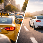 Comparison between taxi traffic and a rental car on an open road, illustrating the difference between waiting for taxis and the freedom of renting a car in Lebanon.