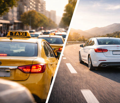 Comparison between taxi traffic and a rental car on an open road, illustrating the difference between waiting for taxis and the freedom of renting a car in Lebanon.