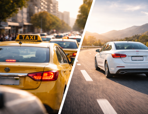 Comparison between taxi traffic and a rental car on an open road, illustrating the difference between waiting for taxis and the freedom of renting a car in Lebanon.