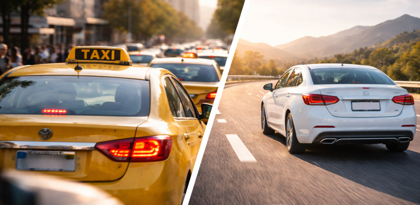 Comparison between taxi traffic and a rental car on an open road, illustrating the difference between waiting for taxis and the freedom of renting a car in Lebanon.