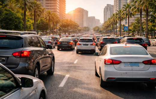 Busy city traffic in Beirut during peak season, highlighting high demand and the importance of planning ahead when renting a car.