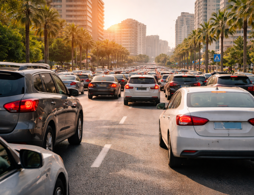 Busy city traffic in Beirut during peak season, highlighting high demand and the importance of planning ahead when renting a car.
