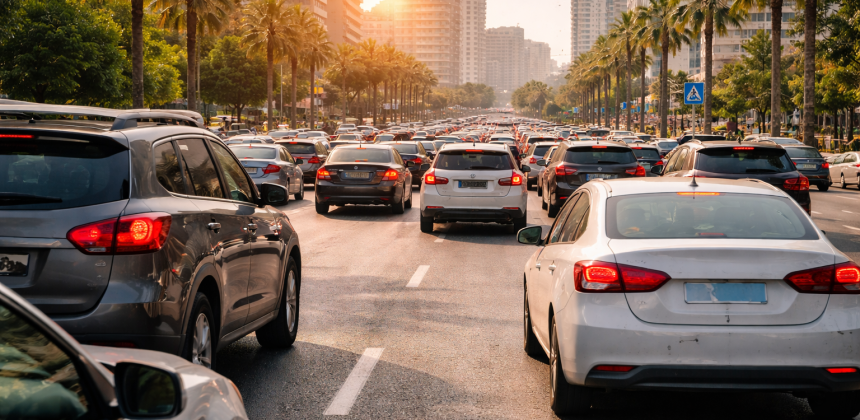 Busy city traffic in Beirut during peak season, highlighting high demand and the importance of planning ahead when renting a car.