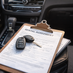 Car rental agreement with keys inside a vehicle, showing what’s included when renting a car in Lebanon
