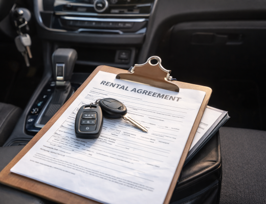 Car rental agreement with keys inside a vehicle, showing what’s included when renting a car in Lebanon
