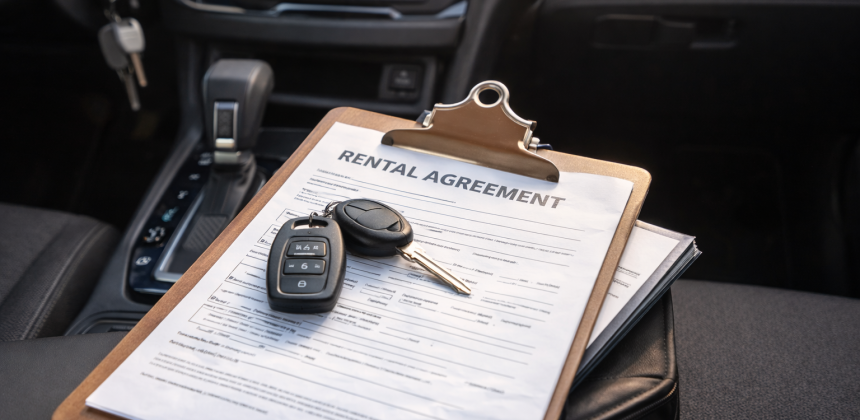 Car rental agreement with keys inside a vehicle, showing what’s included when renting a car in Lebanon