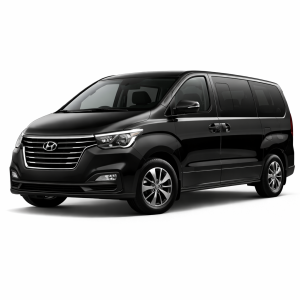2020 Hyundai H1 minivan in glossy black, front three-quarter studio view, isolated on transparent background