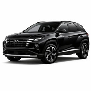 2024 Hyundai Tucson SUV in glossy black, front three-quarter studio view, isolated on transparent background