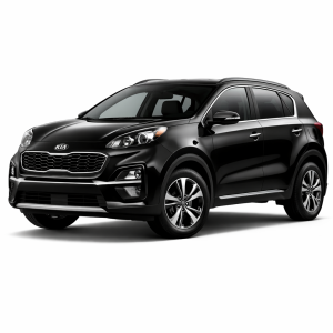 2021 Kia Sportage SUV in glossy black, front three-quarter studio view, isolated on transparent background