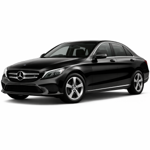 2019 Mercedes-Benz C180 sedan in glossy black, front three-quarter studio view, isolated on transparent background