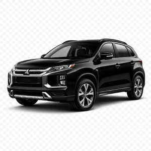 2023 Mitsubishi ASX SUV in glossy black, front three-quarter studio view, isolated on transparent background