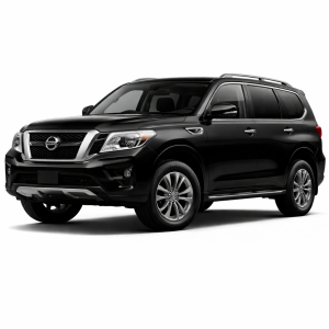 2019 Nissan Patrol SUV in glossy black, front three-quarter studio view, isolated on transparent background