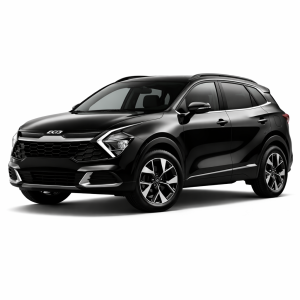 2023 - 2025 Kia Sportage SUV in glossy black, front three-quarter studio view, isolated on transparent background