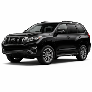 2019 Toyota Land Cruiser Prado SUV in glossy black, front three-quarter studio view, isolated on transparent background