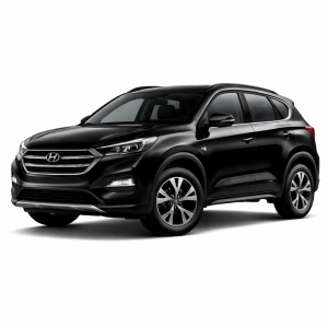 2017 Hyundai Tucson SUV in glossy black, front three-quarter studio view, isolated on transparent background