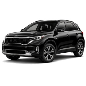 2024 Kia Seltos SUV in glossy black, front three-quarter studio view, isolated on transparent background