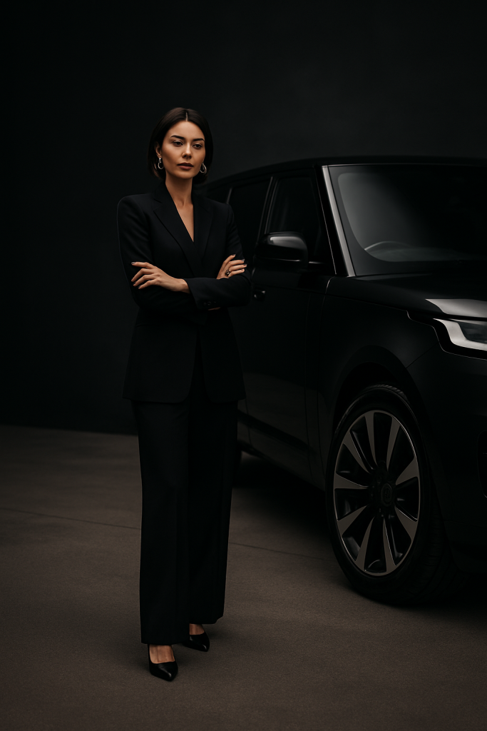 Professional standing beside a luxury SUV in a dark premium setting, representing NN Rent a Car’s high-end service