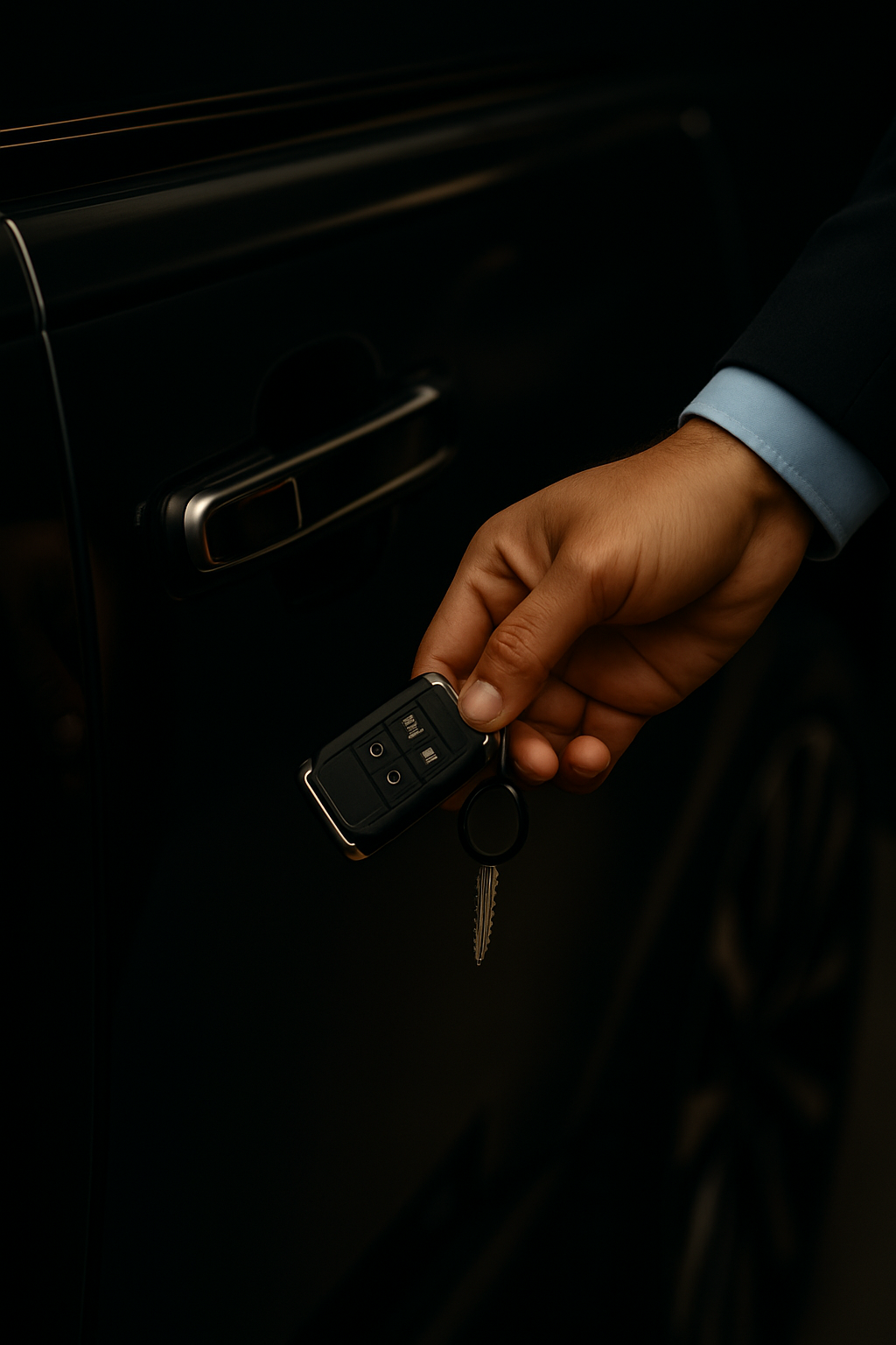 Close-up of a hand holding premium car keys while opening a luxury SUV door, representing NN Rent a Car’s seamless rental experience.